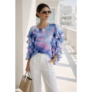 Zac & Rachel Woman Watercolor Ruffle Side Top Size 2X Kawaii Pastel Coastal Twee